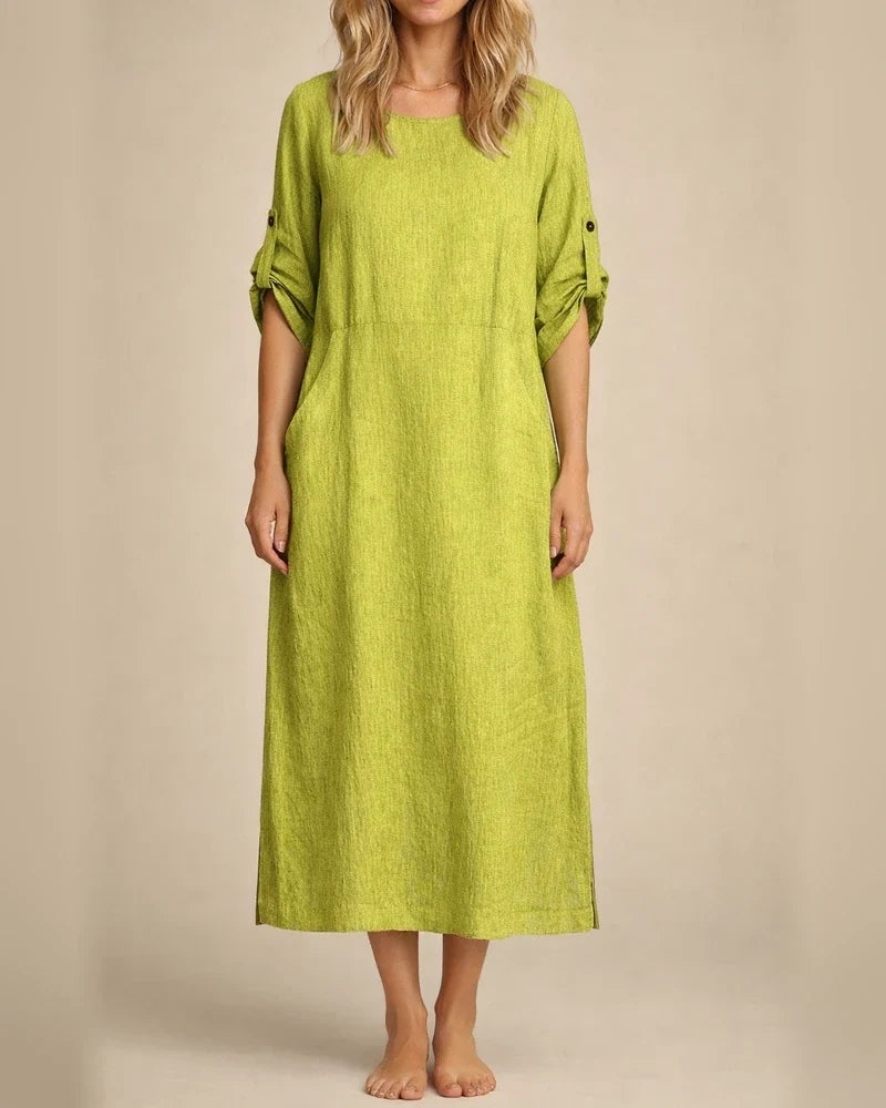 Women's New Summer Wind Loose Casual Solid Color Short-sleeved Cotton Linen Dress Round Neck Mid-length Dresses | JRSEE:805d5122-b1a2-4404-9cbd-1b575189962d