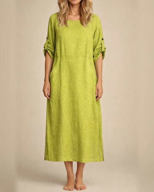 Women's New Summer Wind Loose Casual Solid Color Short-sleeved Cotton Linen Dress Round Neck Mid-length Dresses | JRSEE:805d5122-b1a2-4404-9cbd-1b575189962d