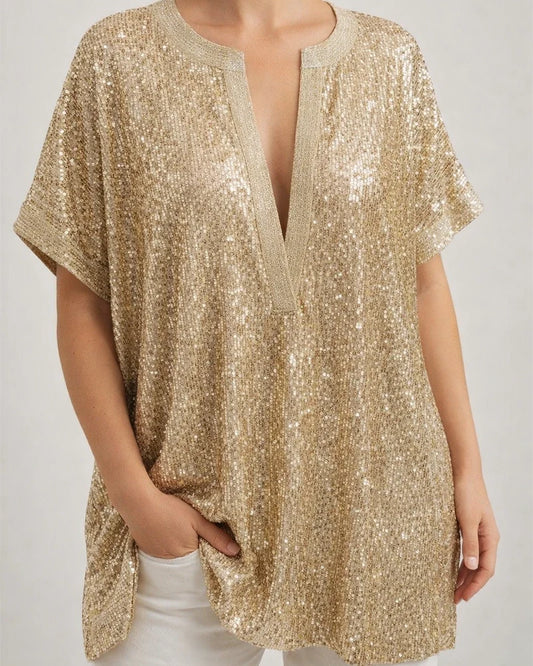 Women's Plus Size Curve Tops Blouse Shirt Plain Sequins Half Sleeve V Neck Daily Vacation Spring Summer Gold | JRSEE:7ddc9811-f8de-4634-8ba6-22f64a898077