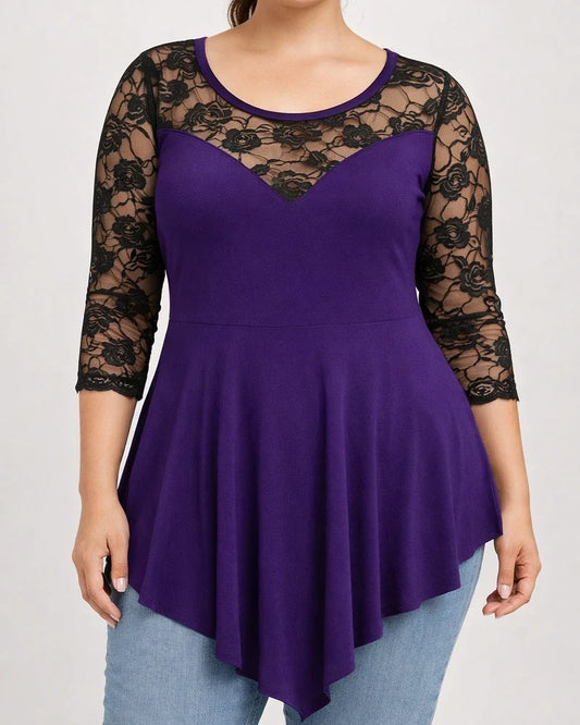 Women's Plus Size Tops Blouse Solid Color Lace Patchwork 3/4 Length Sleeve Round Neck Elegant Sexy Formal Work Polyester Fall Spring Black Purple | JRSEE:dcff8672-47c4-4099-8b74-bcd4387563bb