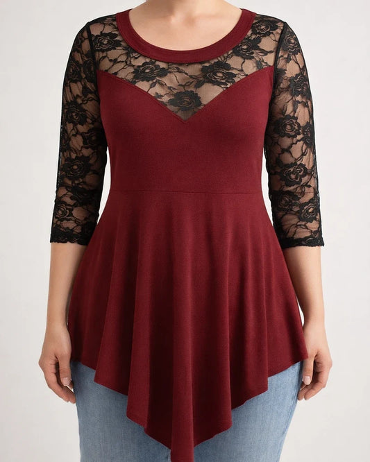Women's Plus Size Tops Blouse Solid Color Lace Patchwork 3/4 Length Sleeve Round Neck Elegant Sexy Formal Work Polyester Fall Spring Black Purple | JRSEE:0de89313-c4ee-41df-b35a-e47c437bd0a6