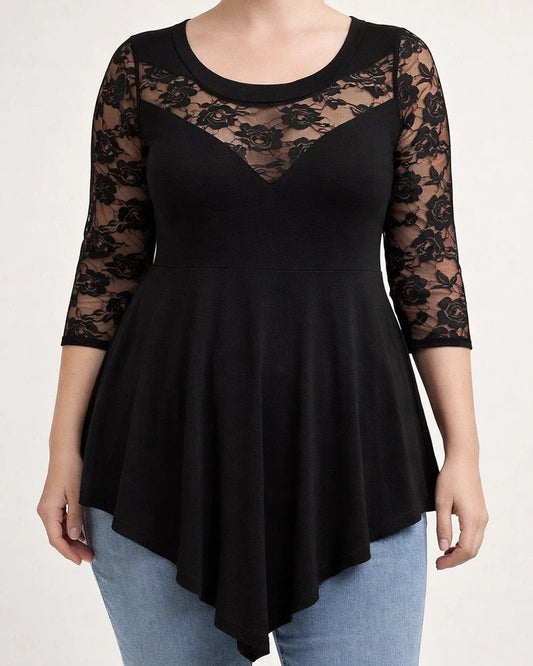 Women's Plus Size Tops Blouse Solid Color Lace Patchwork 3/4 Length Sleeve Round Neck Elegant Sexy Formal Work Polyester Fall Spring Black Purple | JRSEE:8872222e-65b6-4685-b537-7f439784add7