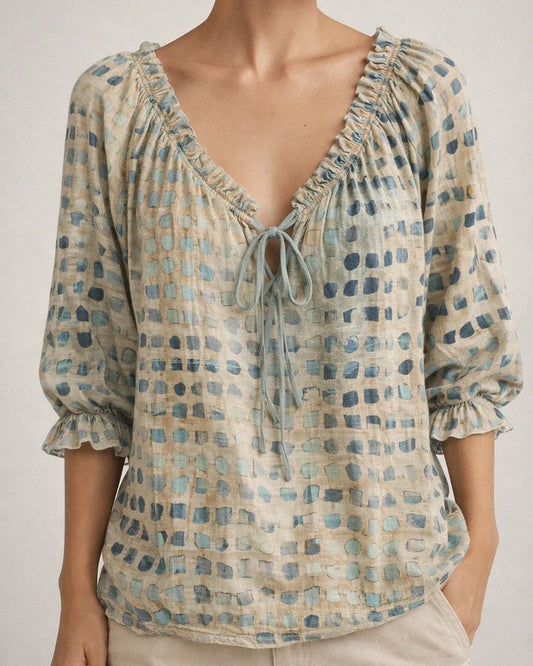 Women's Polka Dot Ethnic-Style Summer Casual Fashion Print V-neck Shirt | JRSEE:5daeaad8-dff6-4db1-a43b-52ac05243f0d