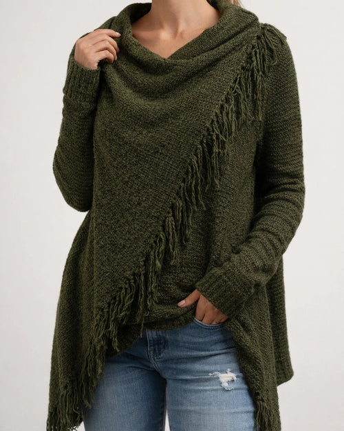 Women's Poncho Sweater Jumper Knit Tunic Tassel Knitted Solid Color Crew Neck Basic Stylish Daily Going out Winter Fall Army Green Khaki S M L / Long Sleeve / Casual / Beach / Loose Fit | JRSEE:a9357793-f965-4142-bf41-22a15bfe5904
