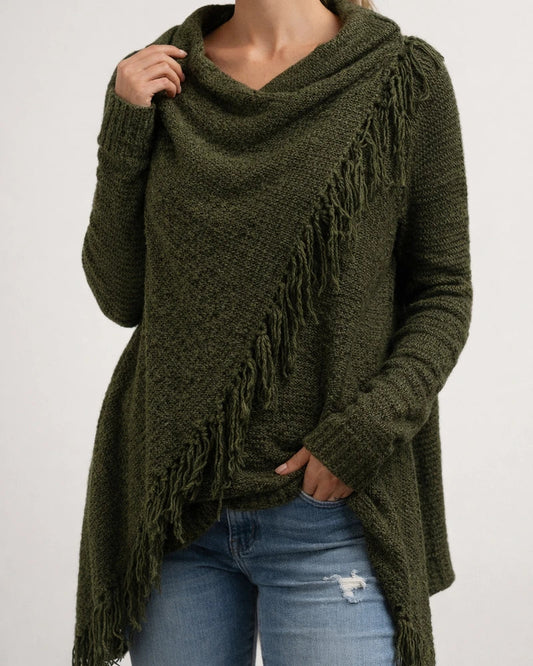 Women's Poncho Sweater Jumper Knit Tunic Tassel Knitted Solid Color Crew Neck Basic Stylish Daily Going out Winter Fall Army Green Khaki S M L / Long Sleeve / Casual / Beach / Loose Fit | JRSEE:a9357793-f965-4142-bf41-22a15bfe5904
