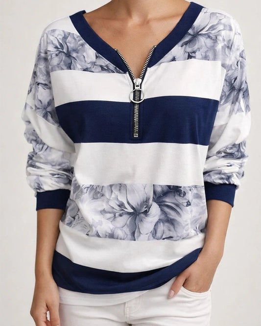 Women's Printed Zipper V-Neck Oversized Casual Sweatshirt Long Sleeve Top | JRSEE:3985d07a-eff9-4ac4-9e0b-9034f42a79dd