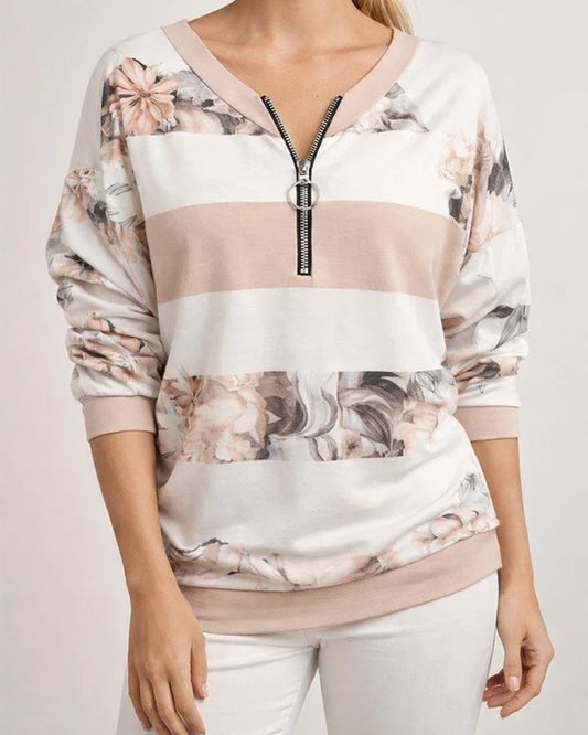 Women's Printed Zipper V-Neck Oversized Casual Sweatshirt Long Sleeve Top | JRSEE:63f980c4-114c-4731-8ee2-9a5653b04d9c