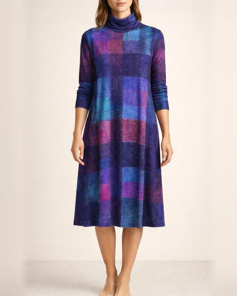 Women's Retro Casual Thickened High Neck Long Sleeve Plaid Color Collision Loose Dress Midi Dresses | JRSEE:4d5f2621-09bb-4f5a-b2c5-094506734d17
