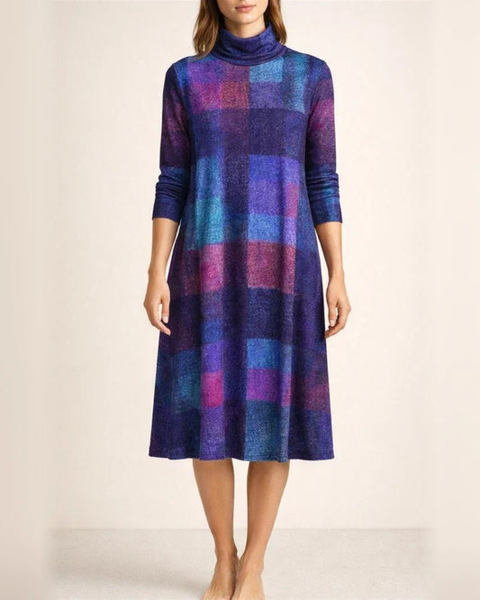 Women's Retro Casual Thickened High Neck Long Sleeve Plaid Color Collision Loose Dress Midi Dresses | JRSEE:4d5f2621-09bb-4f5a-b2c5-094506734d17