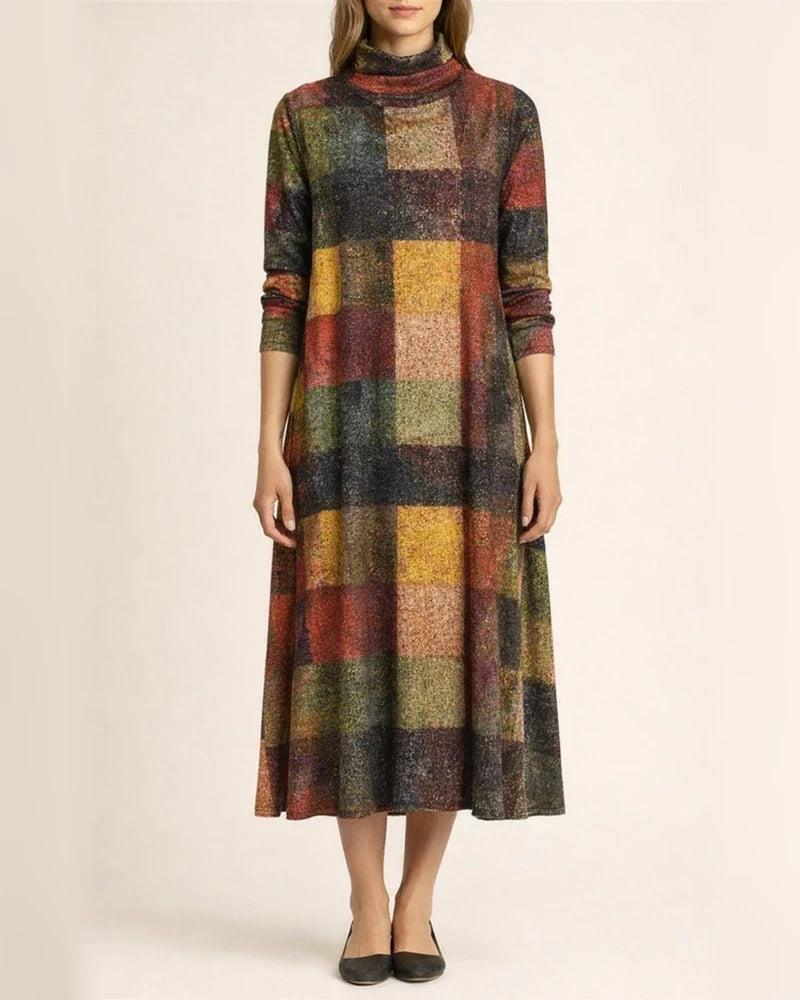 Women's Retro Casual Thickened High Neck Long Sleeve Plaid Color Collision Loose Dress Midi Dresses | JRSEE:53c5ddcb-9833-4784-a539-00cd7c115e8c