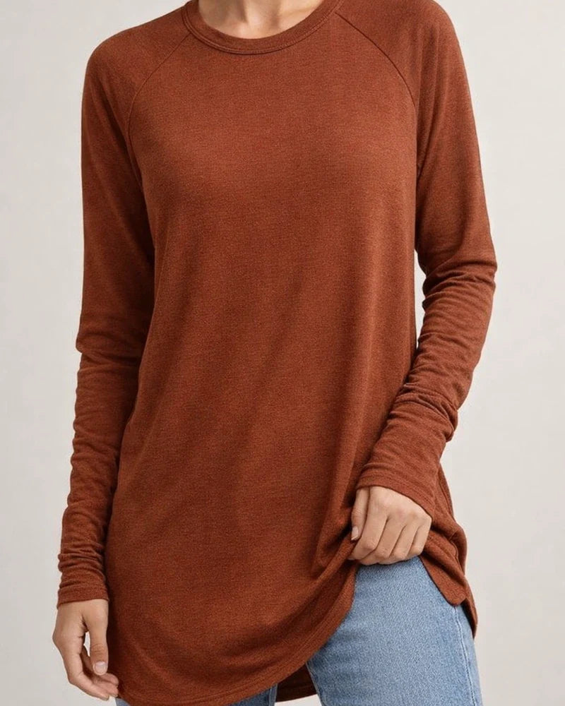 Women's Round Neck Solid Color Long-sleeved Top Loose Mid-length T-shirt | JRSEE:fb9cb55f-115d-4d35-a4b3-e6fff904a8ae