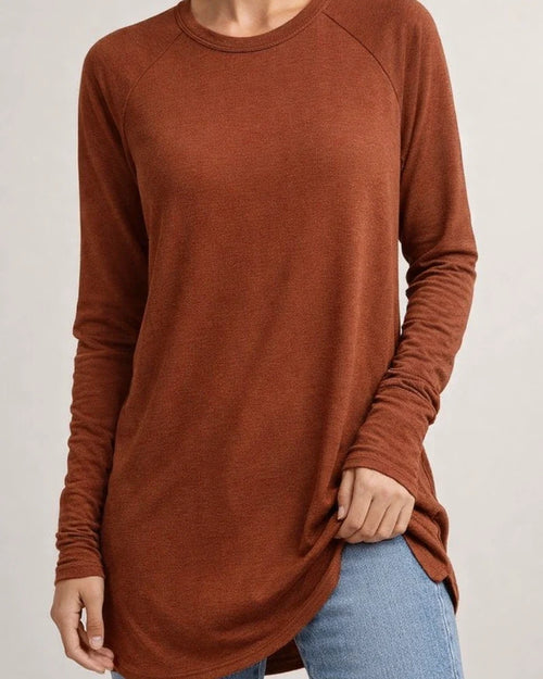 Women's Round Neck Solid Color Long-sleeved Top Loose Mid-length T-shirt | JRSEE:fb9cb55f-115d-4d35-a4b3-e6fff904a8ae