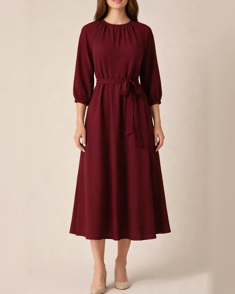 Women's Round Neck Waist Solid Color Dress | JRSEE:ba4f5718-4cfe-46d4-a29f-a08855f8e301