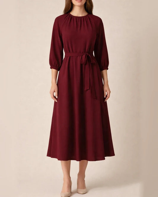 Women's Round Neck Waist Solid Color Dress | JRSEE:ba4f5718-4cfe-46d4-a29f-a08855f8e301