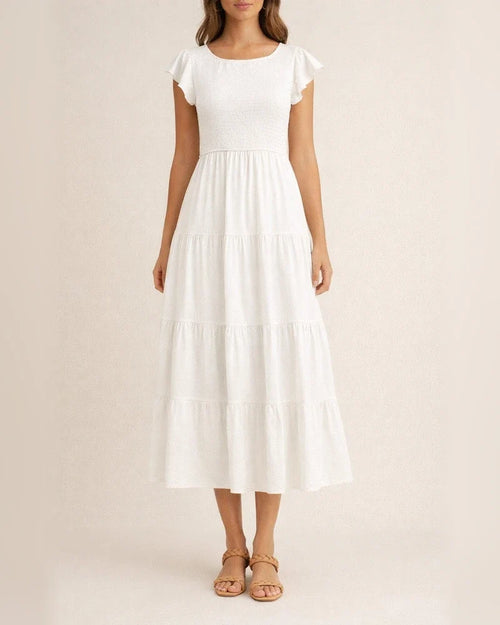 Women's Ruffle Sleeve Drawstring Layered Short Sleeve Big Hem Dress Solid Color Dresses | JRSEE:29611741-3803-4ddb-9111-8bb18a19002b