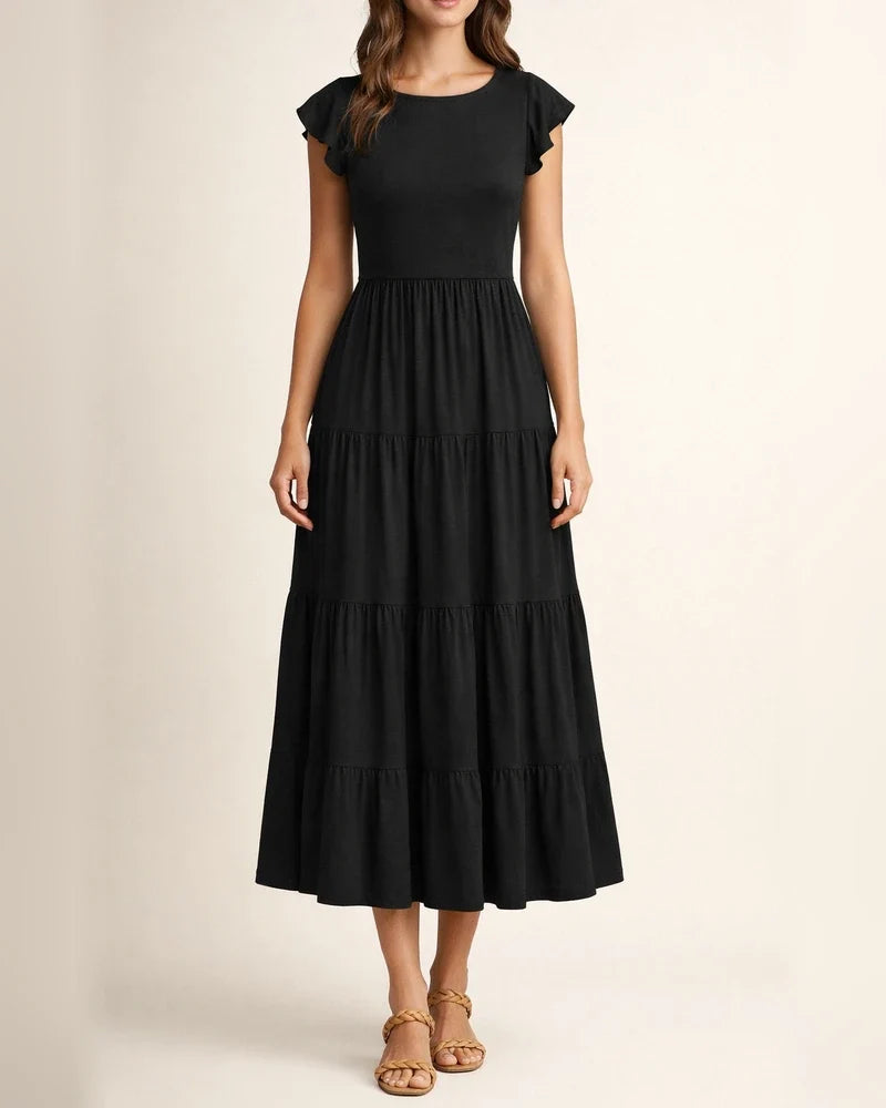 Women's Ruffle Sleeve Drawstring Layered Short Sleeve Big Hem Dress Solid Color Dresses | JRSEE:8a606607-28de-4273-9244-b06398428d90