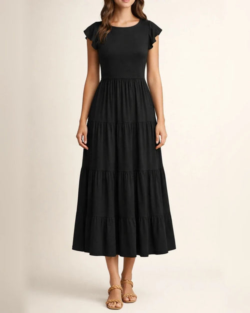 Women's Ruffle Sleeve Drawstring Layered Short Sleeve Big Hem Dress Solid Color Dresses | JRSEE:8a606607-28de-4273-9244-b06398428d90