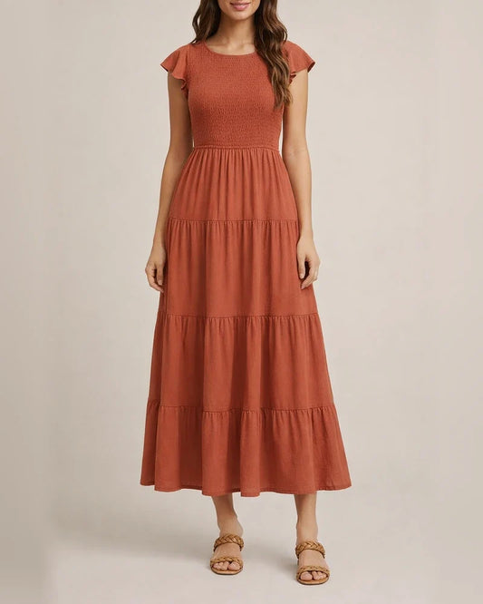 Women's Ruffle Sleeve Drawstring Layered Short Sleeve Big Hem Dress Solid Color Dresses | JRSEE:86707122-8134-4e86-a5fc-329e3a768abb