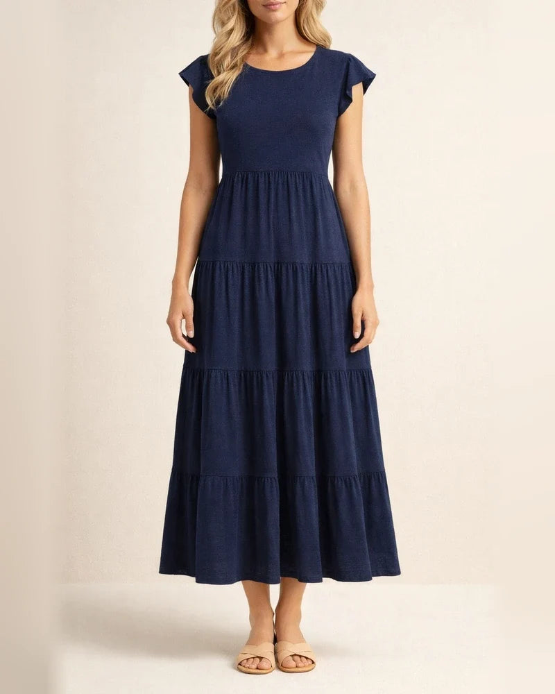 Women's Ruffle Sleeve Drawstring Layered Short Sleeve Big Hem Dress Solid Color Dresses | JRSEE:dbcc5faf-30f2-4051-9a09-6a8a520cd8da