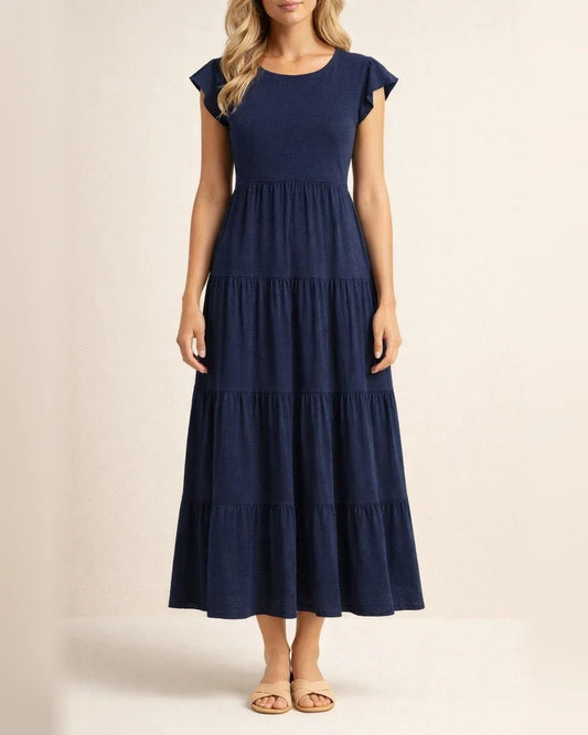 Women's Ruffle Sleeve Drawstring Layered Short Sleeve Big Hem Dress Solid Color Dresses | JRSEE:dbcc5faf-30f2-4051-9a09-6a8a520cd8da
