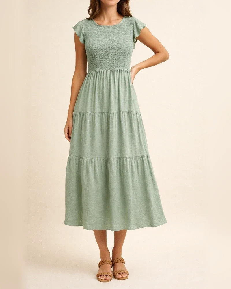 Women's Ruffle Sleeve Drawstring Layered Short Sleeve Big Hem Dress Solid Color Dresses | JRSEE:6f6930fe-b771-479c-b533-a742e5a525a7