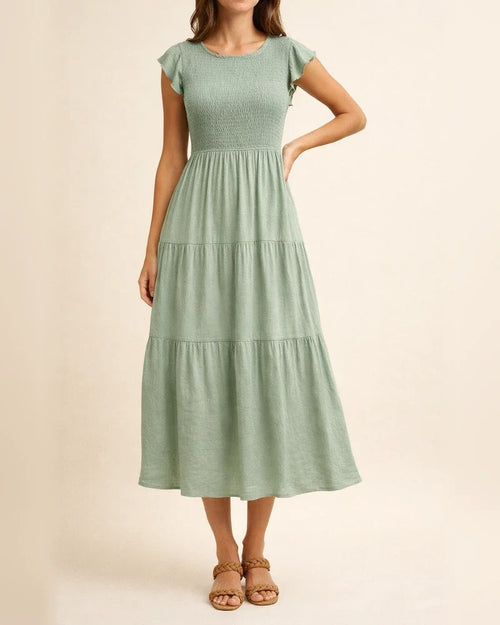 Women's Ruffle Sleeve Drawstring Layered Short Sleeve Big Hem Dress Solid Color Dresses | JRSEE:6f6930fe-b771-479c-b533-a742e5a525a7