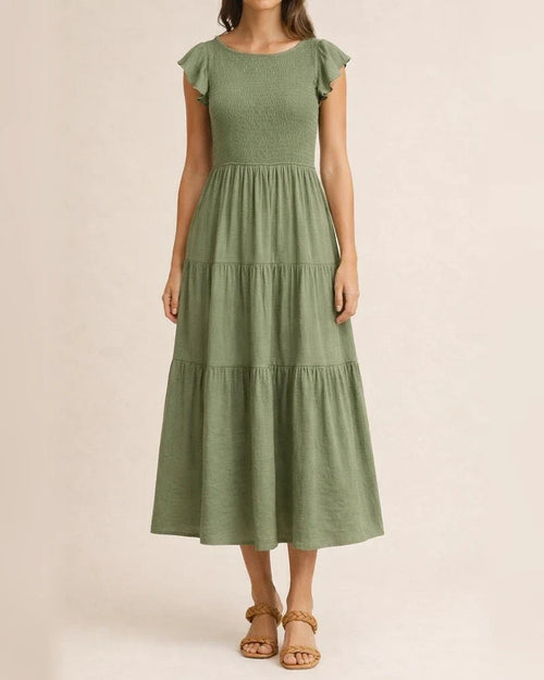 Women's Ruffle Sleeve Drawstring Layered Short Sleeve Big Hem Dress Solid Color Dresses | JRSEE:2f94a62c-bb73-4bec-831b-250a3e4a84f2