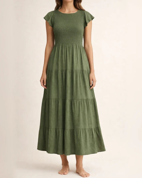 Women's Ruffle Sleeve Drawstring Layered Short Sleeve Big Hem Dress Solid Color Dresses | JRSEE:aa366543-d3b9-4524-a17c-00c54305cb84