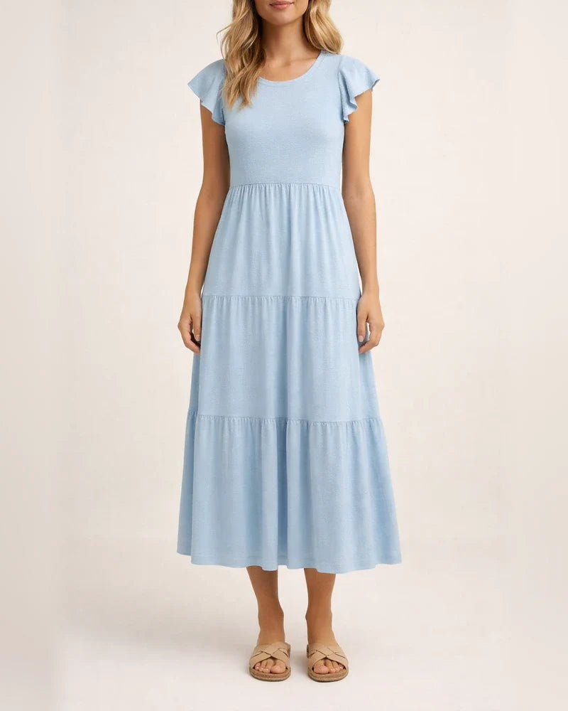 Women's Ruffle Sleeve Drawstring Layered Short Sleeve Big Hem Dress Solid Color Dresses | JRSEE:b9ab18f0-02b1-437e-aeae-9db160000e56