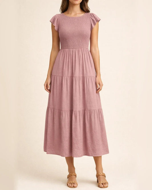 Women's Ruffle Sleeve Drawstring Layered Short Sleeve Big Hem Dress Solid Color Dresses | JRSEE:e4533129-4e72-4833-b55d-9674cf3054ff