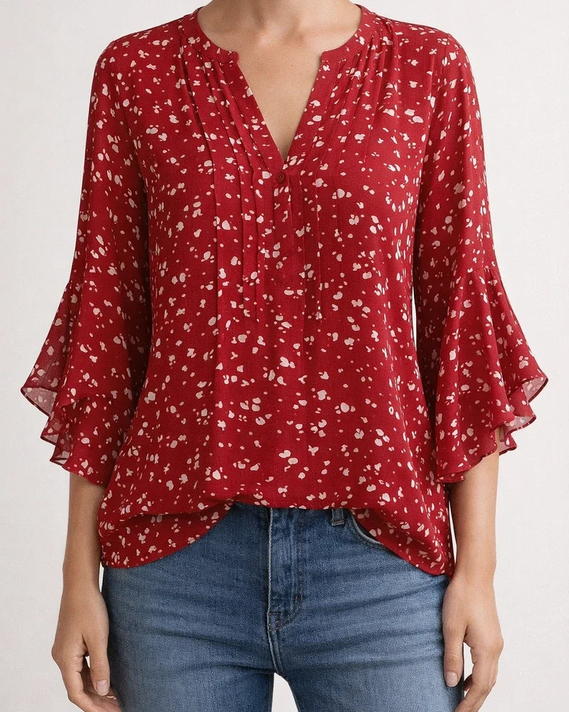 Women's Ruffled Three-Quarter Sleeve Top - Casual Relaxed Fit V-Neck Chiffon Shirt | JRSEE:c86fcb55-a286-4d5c-91b0-9a790220035b