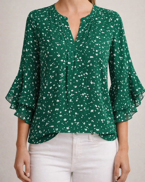 Women's Ruffled Three-Quarter Sleeve Top - Casual Relaxed Fit V-Neck Chiffon Shirt | JRSEE:dcc7e517-f69c-4a01-85ef-9da8cd2f7f9d