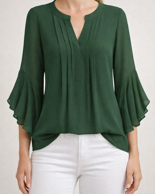 Women's Ruffled Three-Quarter Sleeve Top - Casual Relaxed Fit V-Neck Chiffon Shirt | JRSEE:9f36809c-402b-4462-bbda-ccc1a0b94c43