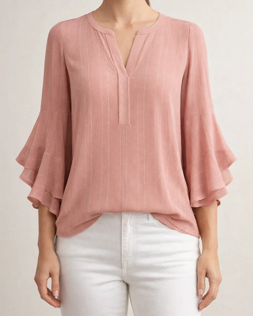 Women's Ruffled Three-Quarter Sleeve Top - Casual Relaxed Fit V-Neck Chiffon Shirt | JRSEE:55a6fe02-2369-4dae-b1ce-3c6b86fbdb7d