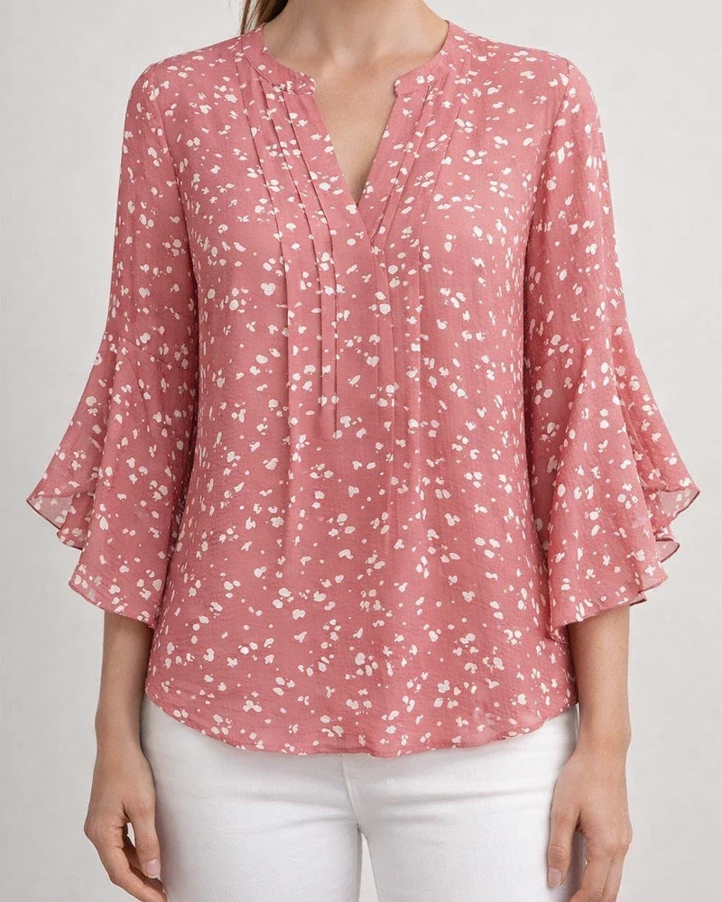 Women's Ruffled Three-Quarter Sleeve Top - Casual Relaxed Fit V-Neck Chiffon Shirt | JRSEE:8ba1acaf-2321-4a56-a79a-478baa6db20b