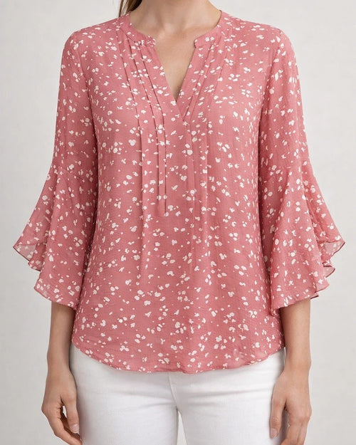 Women's Ruffled Three-Quarter Sleeve Top - Casual Relaxed Fit V-Neck Chiffon Shirt | JRSEE:8ba1acaf-2321-4a56-a79a-478baa6db20b