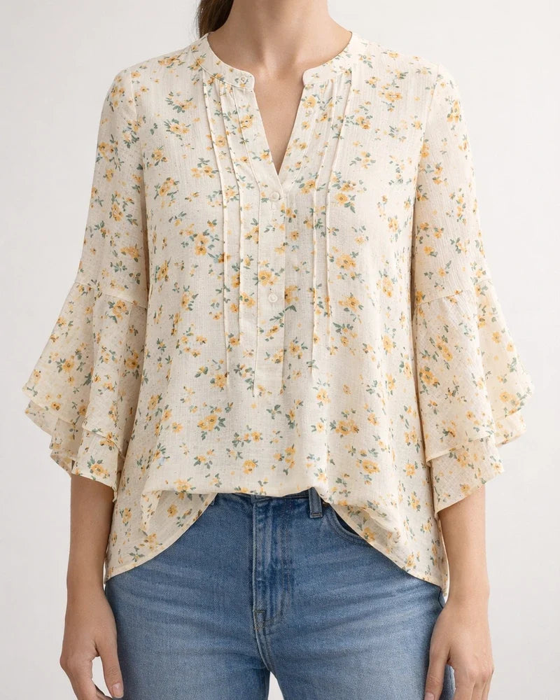 Women's Ruffled Three-Quarter Sleeve Top - Casual Relaxed Fit V-Neck Chiffon Shirt | JRSEE:0916c07e-30c8-4216-a487-8fa9663a4943