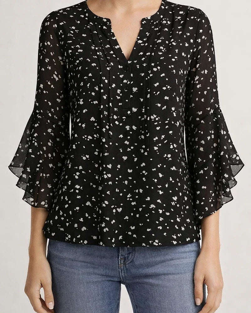 Women's Ruffled Three-Quarter Sleeve Top - Casual Relaxed Fit V-Neck Chiffon Shirt | JRSEE:de23baf1-e907-4cb4-a8e3-f05d9377ff34