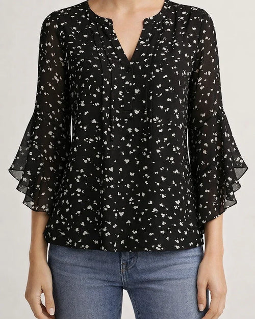 Women's Ruffled Three-Quarter Sleeve Top - Casual Relaxed Fit V-Neck Chiffon Shirt | JRSEE:de23baf1-e907-4cb4-a8e3-f05d9377ff34