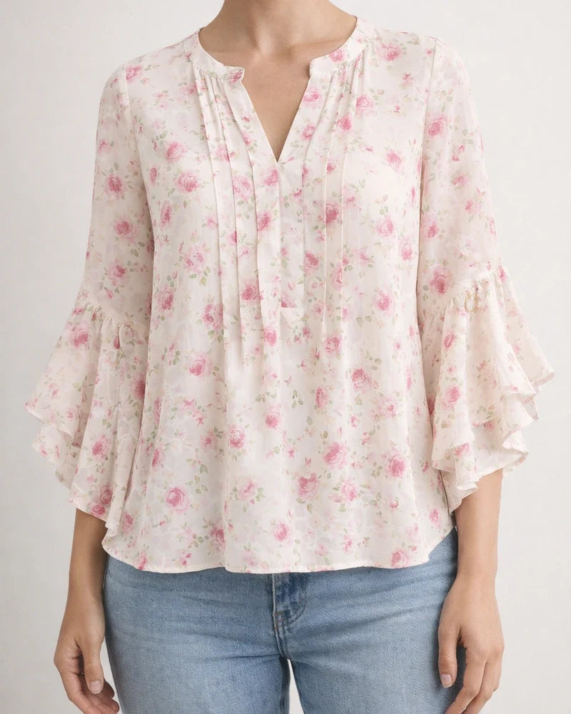 Women's Ruffled Three-Quarter Sleeve Top - Casual Relaxed Fit V-Neck Chiffon Shirt | JRSEE:e7a0d54f-1a5e-4bdb-89b0-0c171ade5308