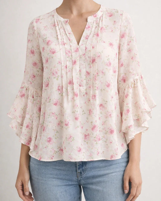 Women's Ruffled Three-Quarter Sleeve Top - Casual Relaxed Fit V-Neck Chiffon Shirt | JRSEE:e7a0d54f-1a5e-4bdb-89b0-0c171ade5308