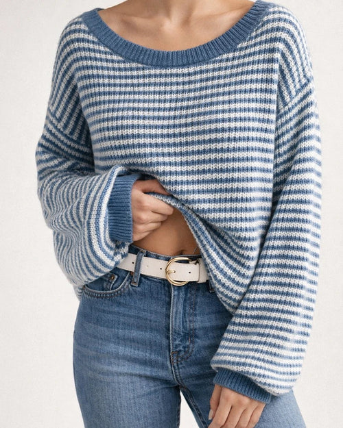 Women's Scoop Neck Knit Sweater with Striped Bell Sleeves - Loose Fit | JRSEE:212c89e8-9a4f-4729-b563-e9323c060cc6