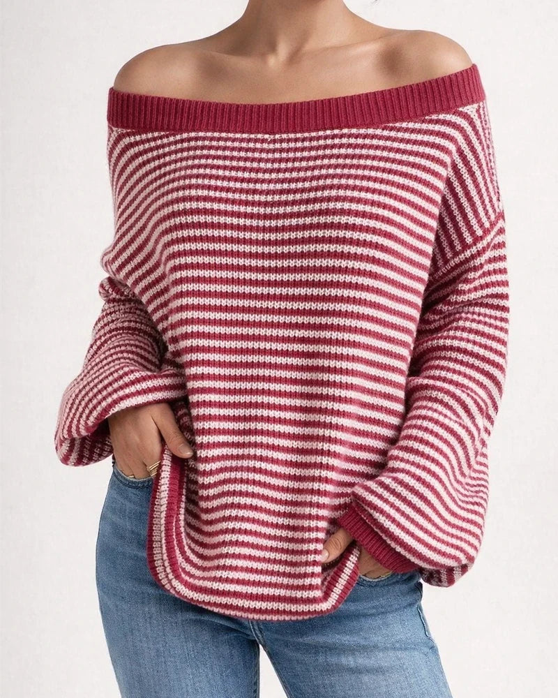 Women's Scoop Neck Knit Sweater with Striped Bell Sleeves - Loose Fit | JRSEE:5274e94c-a1a9-4a31-9229-7897c7f09eb7