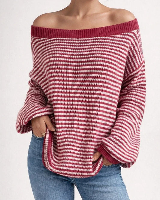 Women's Scoop Neck Knit Sweater with Striped Bell Sleeves - Loose Fit | JRSEE:5274e94c-a1a9-4a31-9229-7897c7f09eb7