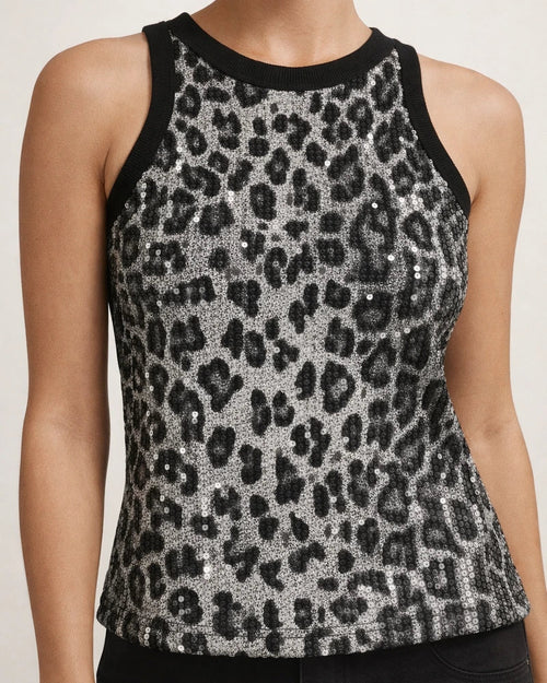 Women's Sequin Leopard Print Summer Crop Top - Sexy Midriff-Baring Waist-Highlighting Color-Blocked Sleeveless Top | JRSEE:91a85367-4987-476b-bf34-eb45dfc6cec3