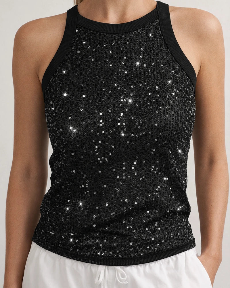 Women's Sequin Leopard Print Summer Crop Top - Sexy Midriff-Baring Waist-Highlighting Color-Blocked Sleeveless Top | JRSEE:971dacd9-7633-4e84-a2a5-9301878c9286