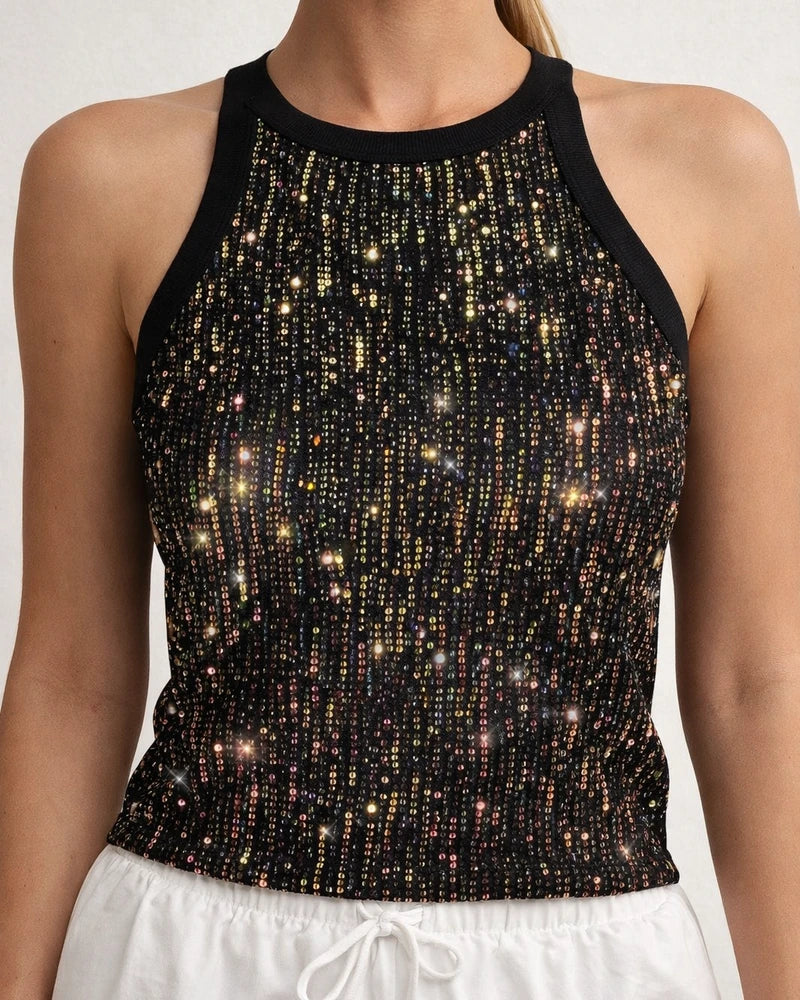 Women's Sequin Leopard Print Summer Crop Top - Sexy Midriff-Baring Waist-Highlighting Color-Blocked Sleeveless Top | JRSEE:71ddf7ef-845c-475d-9112-8fadbde43e21