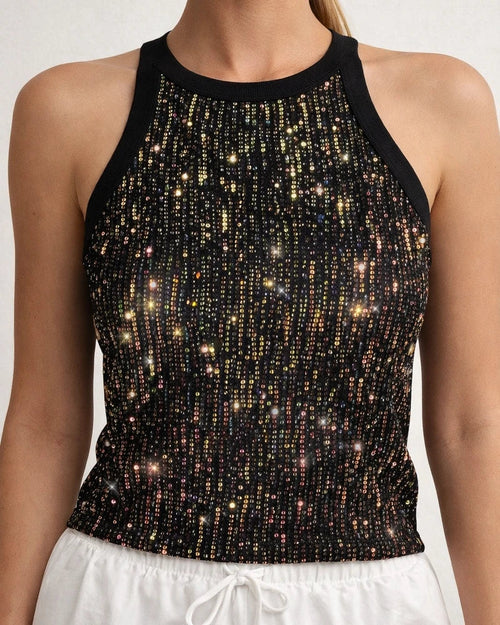 Women's Sequin Leopard Print Summer Crop Top - Sexy Midriff-Baring Waist-Highlighting Color-Blocked Sleeveless Top | JRSEE:71ddf7ef-845c-475d-9112-8fadbde43e21
