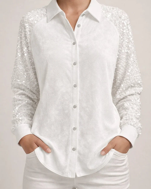 Women's Sequined Sleeve Patchwork Long Sleeve Velvet Oversized Velvet Shirt Top | JRSEE:6d191675-c635-49f3-bfcf-c46ffb42cb60
