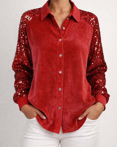 Women's Sequined Sleeve Patchwork Long Sleeve Velvet Oversized Velvet Shirt Top | JRSEE:bbf27f3f-4e35-4ce9-b4ac-2020f223c92f